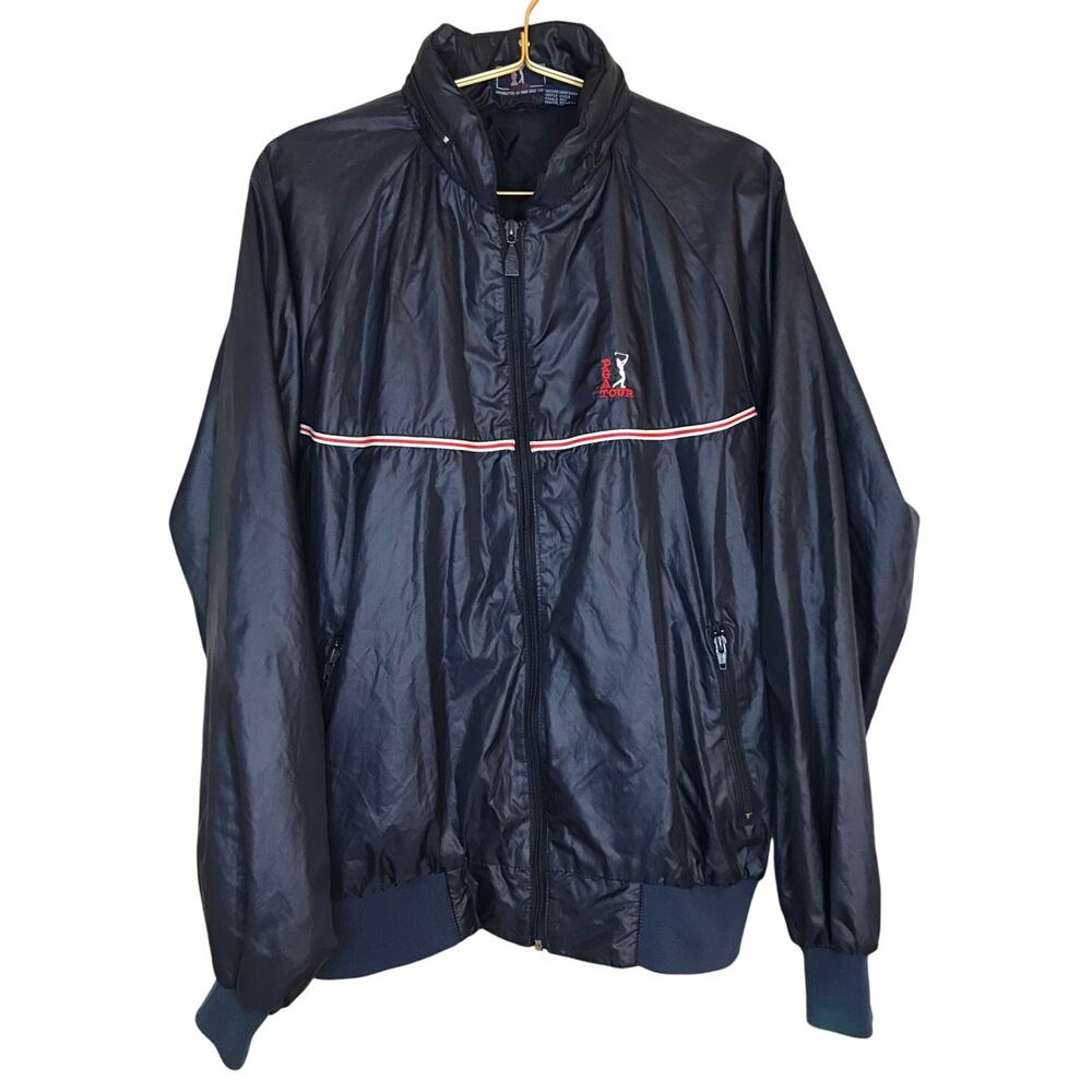 PGA Tour Vintage Navy Blue Windbreaker Jacket L Full Zip Golf Activewear